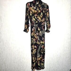 Elan Womens M Maxi Dress Long Lng‎ Sleeve Tie Waist Button Up Black Olive Floral